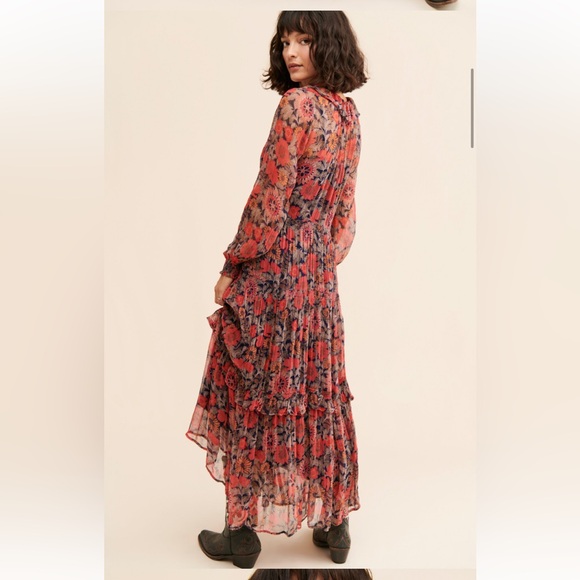 New Anthropologie The Marias Printed Floral Chiffon Maxi Boho Red Orange Dress S - Picture 2 of 7